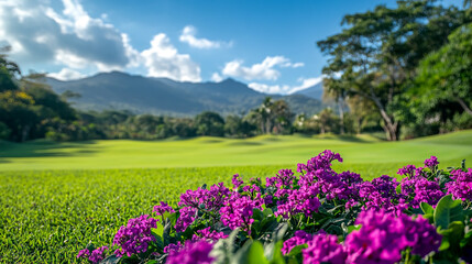 Vibrant flowers bloom near a lush green golf course in a tranquil mountain setting
