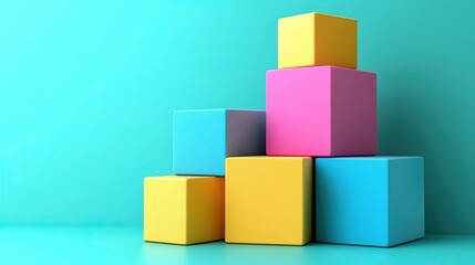 Obraz premium Colorful cubes stacked against teal backdrop, potential product display