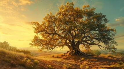 Fototapeta premium Lone Tree Standing in Field Under Golden Sunset Sky
