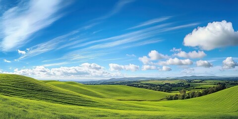 Obraz premium Lush green hills stretch across the landscape, contrasting beautifully with a bright blue sky filled with fluffy clouds on a sunny day