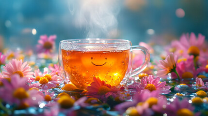 Glass cup of tea with a smiley face, surrounded by pink daisies and warm sunlight, creating a cheerful and cozy ambiance