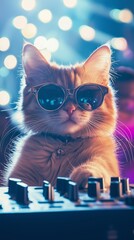 Ginger cat wearing sunglasses playing music on a dj mixer at a party with bokeh lights in the...