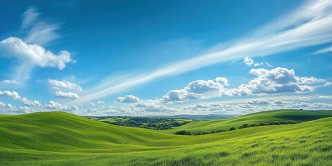 Obraz premium Rolling green hills stretch across the landscape under a vibrant blue sky filled with soft, white clouds, creating a peaceful and picturesque scene