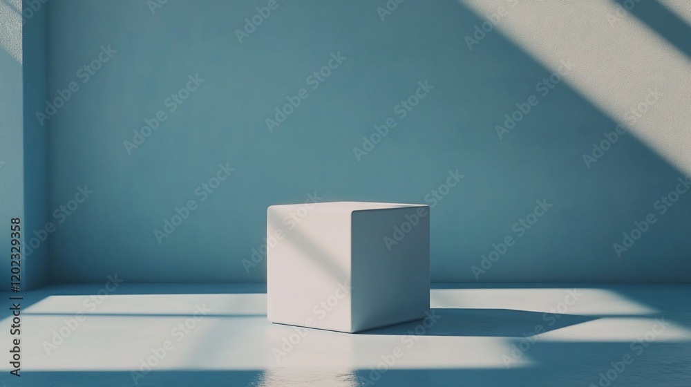Poster minimalist white cube on blue background with sunlight.