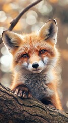 Beautiful red fox with orange fur and white chest resting on a tree branch in nature, enjoying a moment of peace and tranquility in its natural habitat