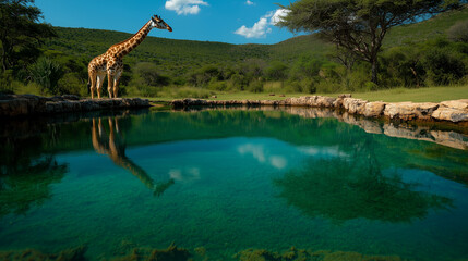 Fototapeta premium Giraffes gracefully drinking by a tranquil water source in a lush green landscape under a clear sky
