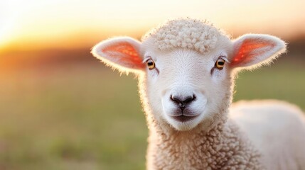 Fototapeta premium Lamb at sunset in pasture, idyllic rural scene, farm animal portrait, springtime
