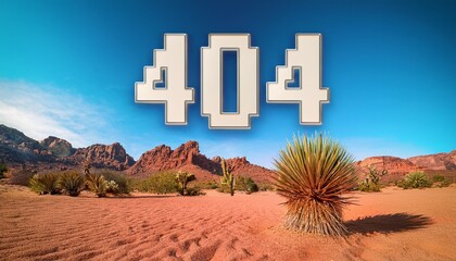 pixelated 404 error message in a desert landscape with a cactus