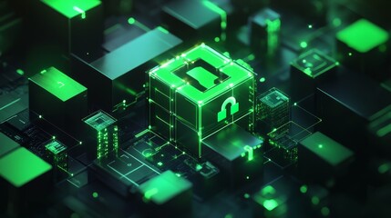 Green shield and padlock icon surrounded by interconnected documents on a bright background, representing secure data flow and protection concept. 3D Rendering.