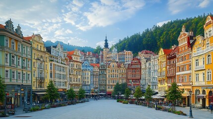 Fototapeta premium Colorful European town square with cafes, forested hills in background, ideal travel destination
