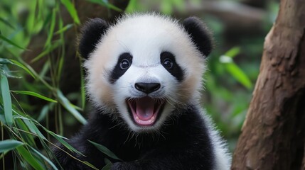 Obraz premium Adorable baby panda opening its mouth wide, playfully sticking out its tongue while sitting amidst lush bamboo in a serene forest, creating a heartwarming wildlife scene