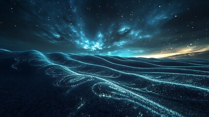 Enchanted field with soft glowing patterns under celestial skies