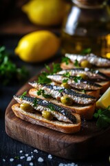 Delicious sardine toast with olives, lemon, and herbs
