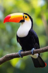 Fototapeta premium Colorful toucan perched on a branch in a tropical forest
