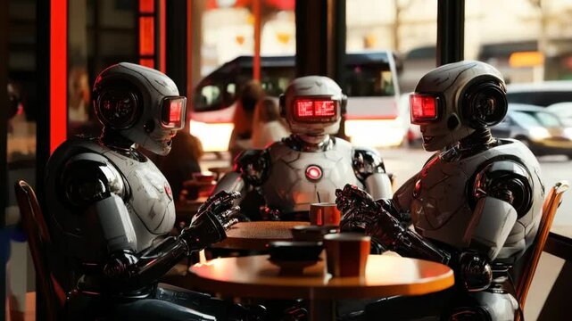 Humanoid robots engage in conversation at a cafe table