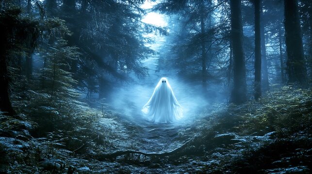 Spiritual ghostly presence emerging from misty trees in a dark forest