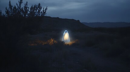 Ethereal ghostly figure glowing softly in a shadowy natural landscape