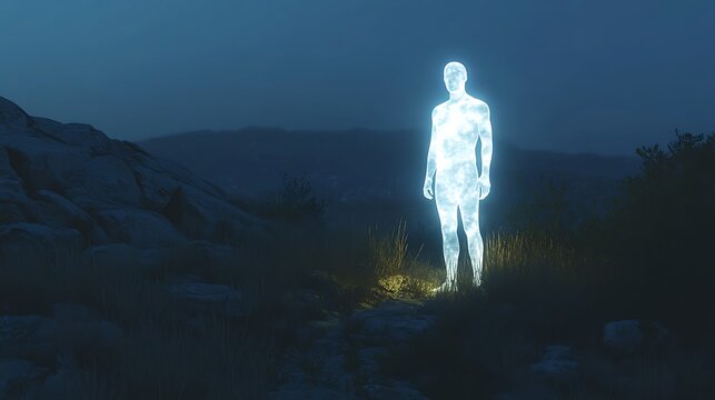 Ethereal ghostly figure glowing softly in a shadowy natural landscape