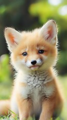 Adorable red fox kit with bright eyes and soft fur sits in a patch of green grass, enjoying the warm sunlight filtering through the trees