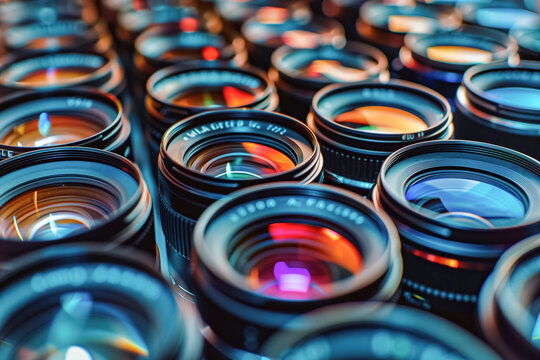 Colorful reflection on camera lenses array with vibrant lights