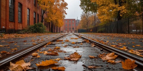 autumn leaves on street tracks, wet ground red brick buildings in the background