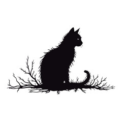 Cute silhouette cat branches black vector illustration
