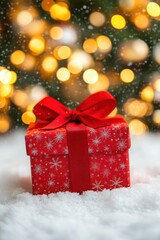 Red gift box with a ribbon on snow against a blurred lights background