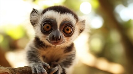 Close-up of a cute baby crowned lemur sitting on a branch, with big, captivating golden eyes, looking towards the observer in a natural, blurred green background