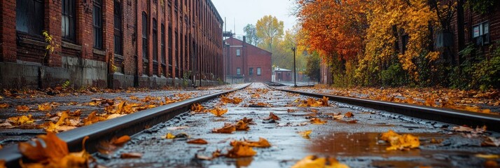 autumn leaves on street tracks, wet ground red brick buildings in the background