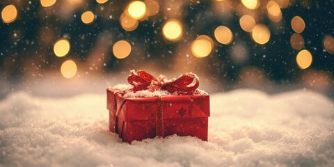 Red gift box with a ribbon on snow against a blurred lights background