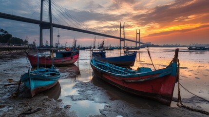 Fototapeta premium Fishing boats waiting for high tide to go back to the sea. Captured at Suramadu bridge area, Surabaya Indonesia, Aug 2015.