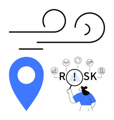 Magnifying glass over risk text with icons, blue location pin, abstract wind lines. Ideal for risk management, navigation, problem-solving, decision-making, analysis, hazards abstract line flat