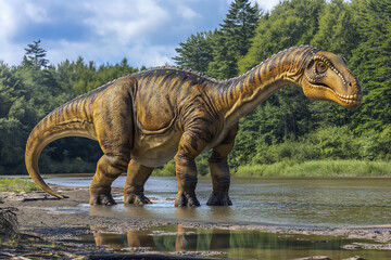 Fototapeta premium Large dinosaur by river in forested landscape on a sunny day