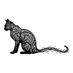 Cute silhouette cat branches black vector illustration
