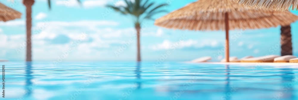 Poster Infinity pool water surface reflecting palm trees and thatched umbrellas under a cloudy sky in a luxury resort, creating a relaxing summer holiday atmosphere