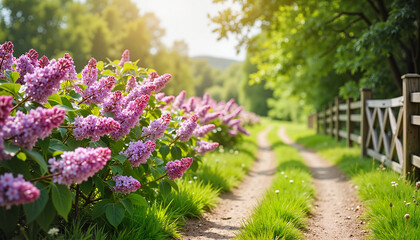 Obraz premium Vibrant lilacs blooming along countryside path, serene beauty