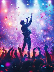 K Pop idol captivates audience during energetic performance at a music festival under vibrant lights. Generative AI