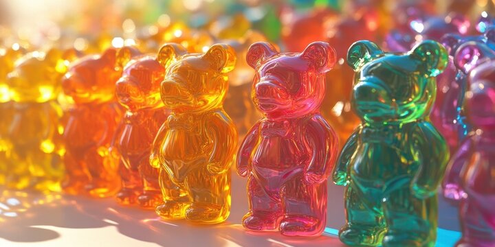 A vibrant display of gummy bears in various colors is carefully arranged at a candy shop, gleaming under the warm sunlight, enticing customers