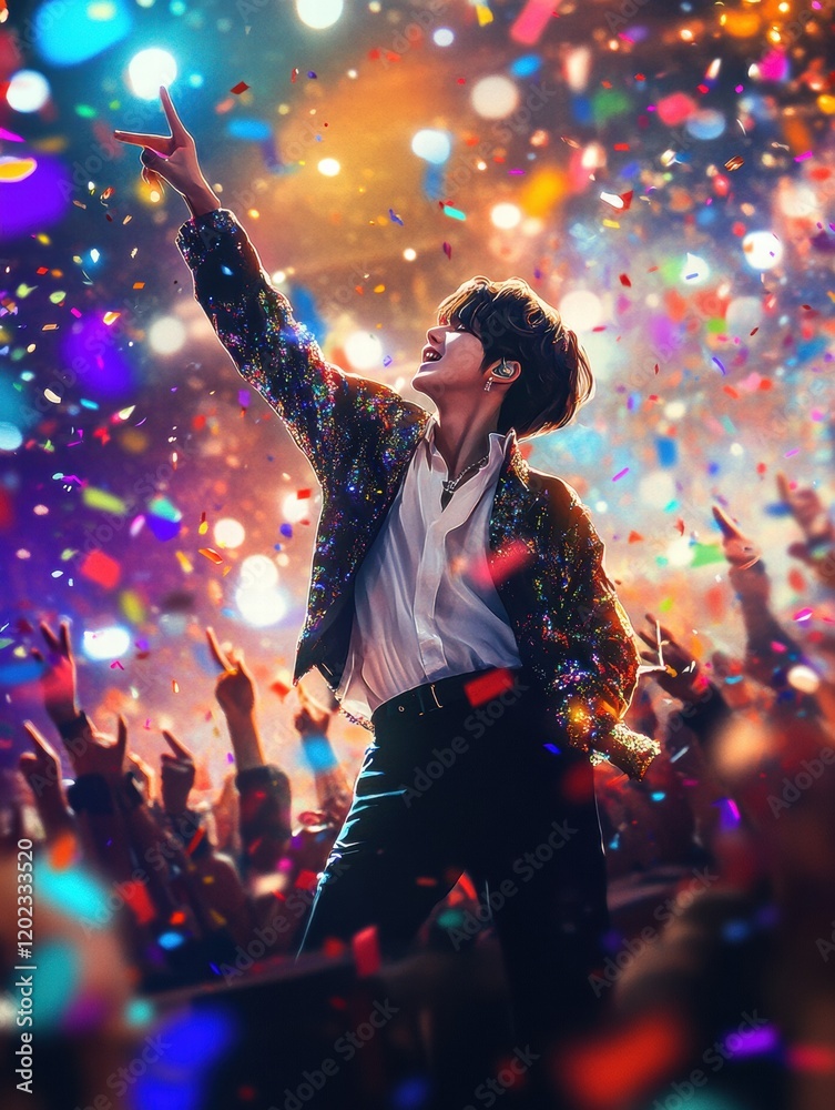 Poster k pop idol delivers a captivating performance on stage surrounded by confetti and eager fans. genera