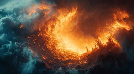 Fototapeta premium Erupting volcano creates fiery display against dark storm clouds at sunset