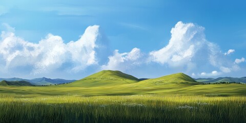 Rolling green hills stretch across the landscape, illuminated by a bright sun and dotted with fluffy white clouds overhead on a clear day