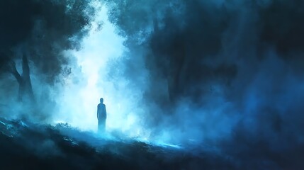 Ethereal spirit standing at the edge of a misty wooded area