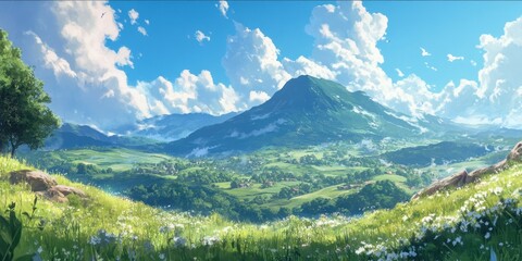 A breathtaking view of a mountain surrounded by rolling green hills and colorful wildflowers under a bright blue sky with fluffy white clouds