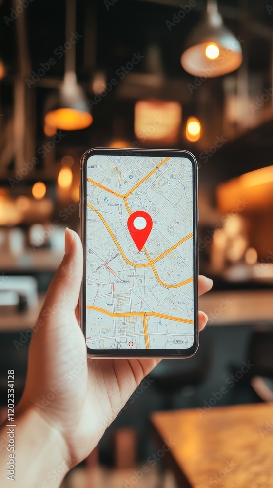 Poster Woman using navigation app on mobile phone, searching for location on city map with red pinpoint, blurred restaurant interior in background