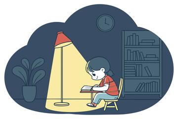 A cute boy is reading a book at night.