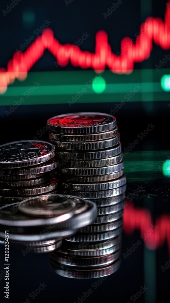 Poster Stacks of coins are reflecting on a glass surface, with a stock market chart displaying losses in the background, creating a visual representation of financial downturn and investment risk