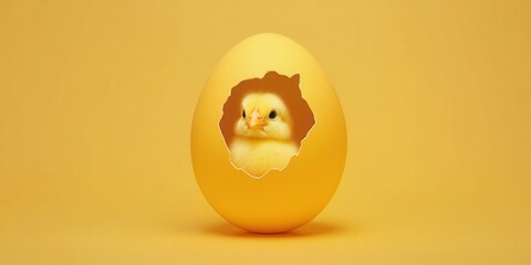 A small chick peeks out from a cracked yellow eggshell, set against a vibrant yellow backdrop, symbolizing new beginnings and springtime renewal