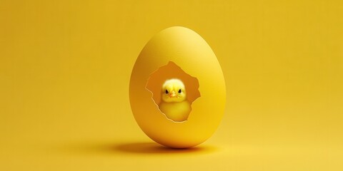 Fototapeta premium A small yellow chick peeks out from a bright yellow eggshell, embodying themes of renewal and new life in a simple and playful atmosphere