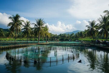 Obraz premium Tropical Fish Farm Coastal Lagoon Idyllic Setting