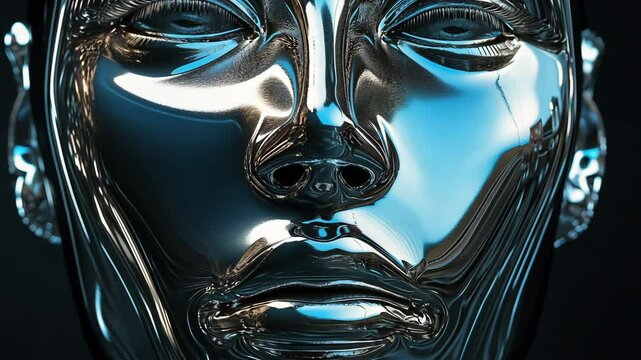 On a black background, a futuristic metallic humanoid face
